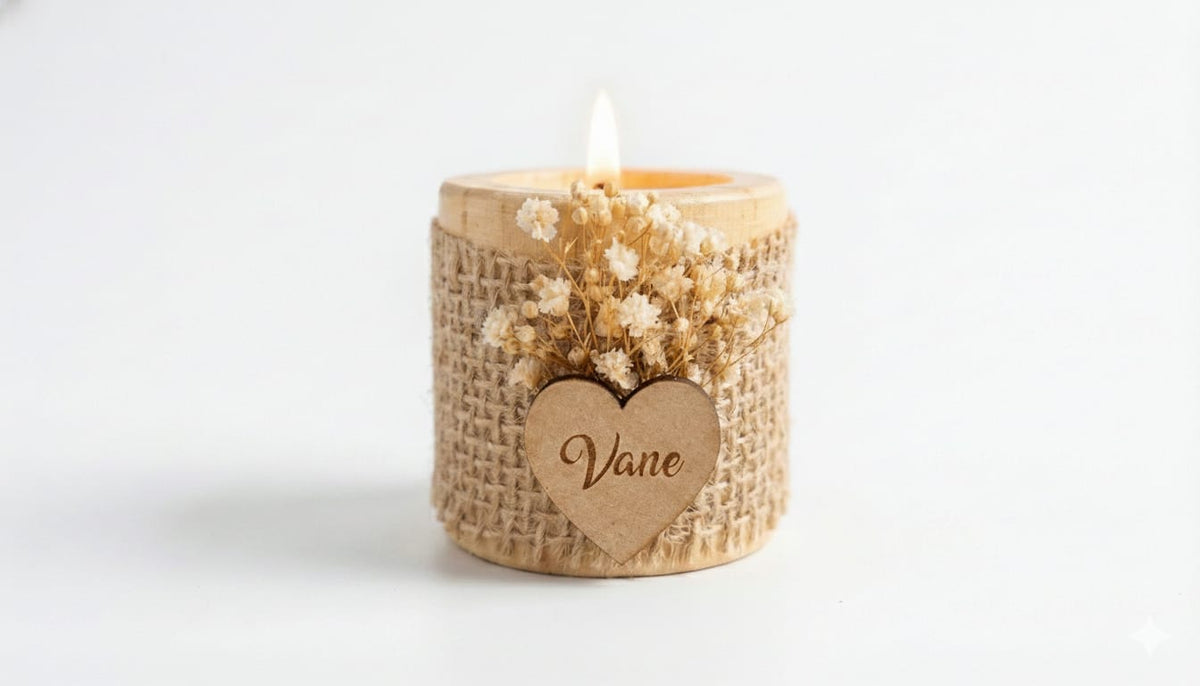 Portavela personalizado con corazón de madera